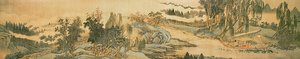 Pergamino de mano que representa un paisaje con el poema colofón, Pescando en el Arroyo del Sauce, chino, 1706